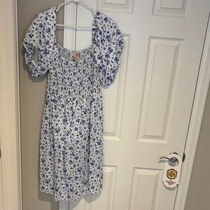 White and Blue Floral Midi Dress with Puff Sleeves